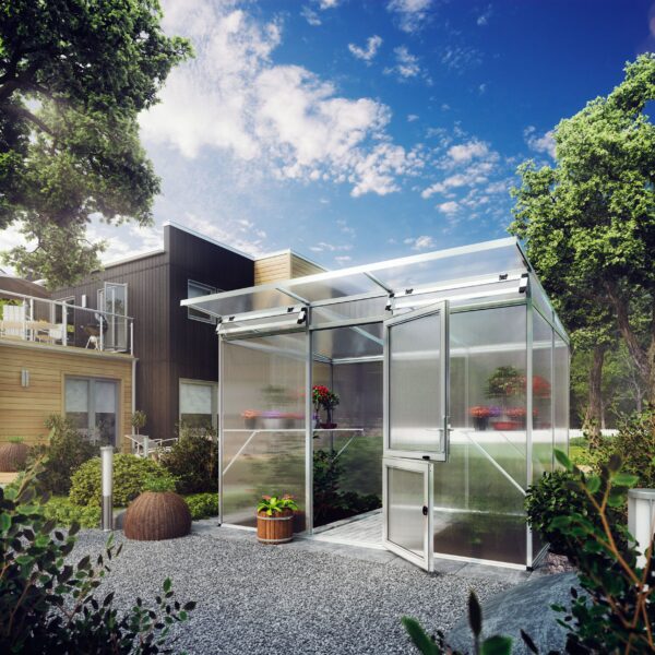 Alu-Gewächshaus mit Pultdach steht in einem modernen Garten